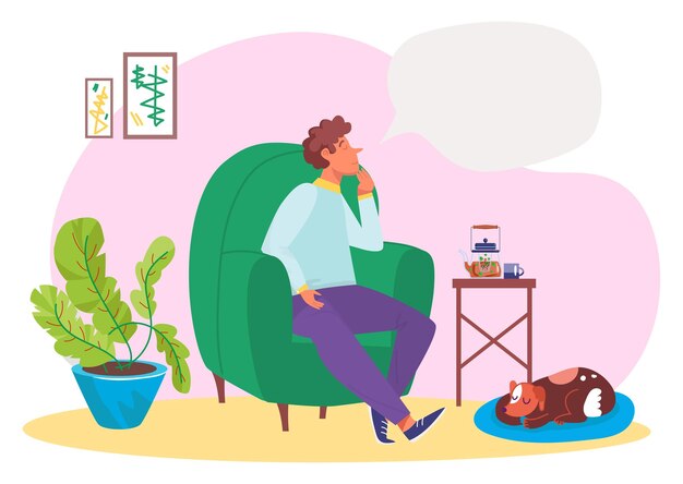 Personaje masculino sentado cómodo sillón cerca de maceta de plantas y sueño vida futura mascota perro dormir ilustración vectorial plana aislado en blanco