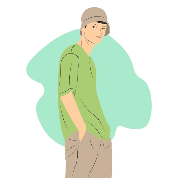 Personaje masculino con sombrero y ropa informal en estilo de dibujos animados planos ilustración vectorial