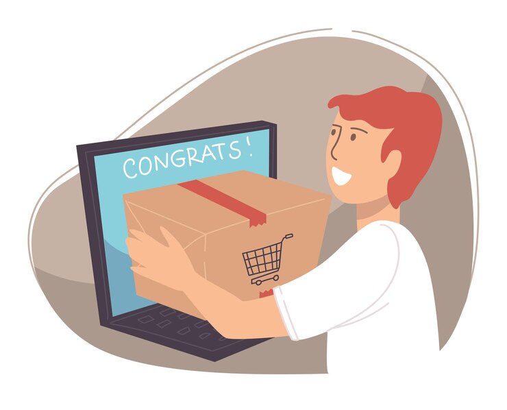Vector personaje masculino sonriente que recibe el pedido de la tienda de internet en línea. hombre usando laptop para comprar productos en el sitio web. envío y entrega de mercancías. solicitud de comercio, aislada. vector en estilo plano