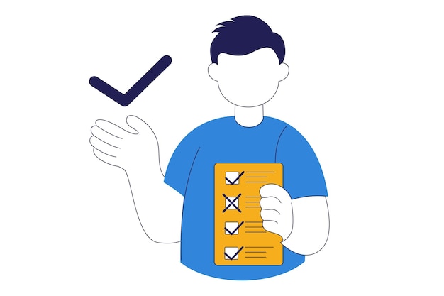 Personaje masculino sosteniendo un papel de lista para organizar el horario.