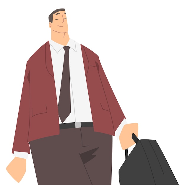 Personaje masculino con traje formal y corbata caminando con maletín y sonriendo Ilustración vectorial de perspectiva