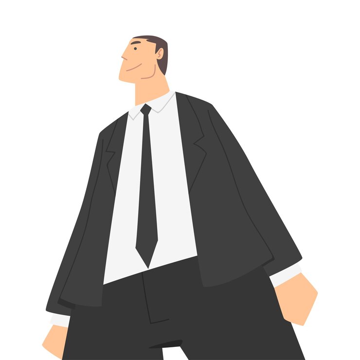 Vector personaje masculino en traje formal y corbata de pie y sonriente ilustración vectorial de perspectiva