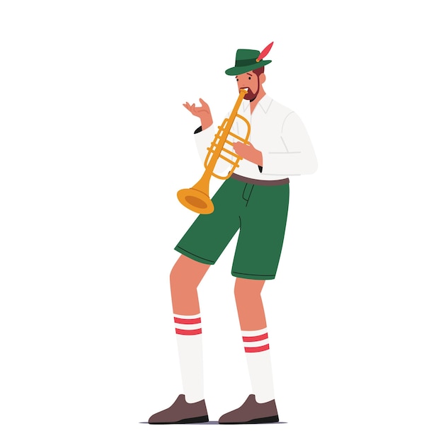 Personaje masculino Use traje bávaro tocando la trompeta durante el festival Oktoberfest aislado sobre fondo blanco