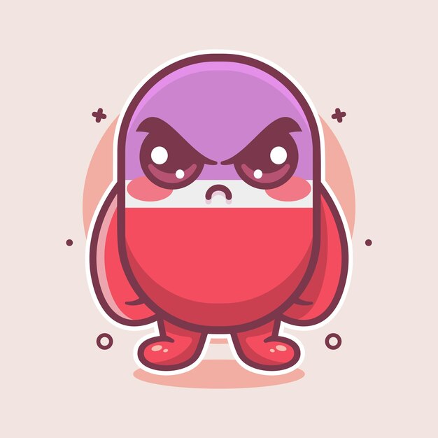 personaje de medicina de cápsula seria mascota con expresión enojada dibujos animados aislados