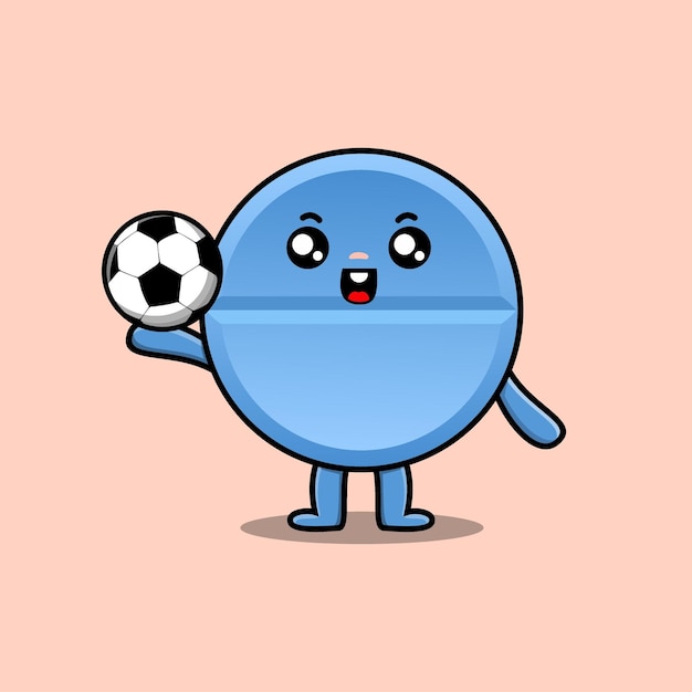 Vector personaje de medicina de píldora de dibujos animados lindo jugando al fútbol en la ilustración de estilo de dibujos animados plana de concepto