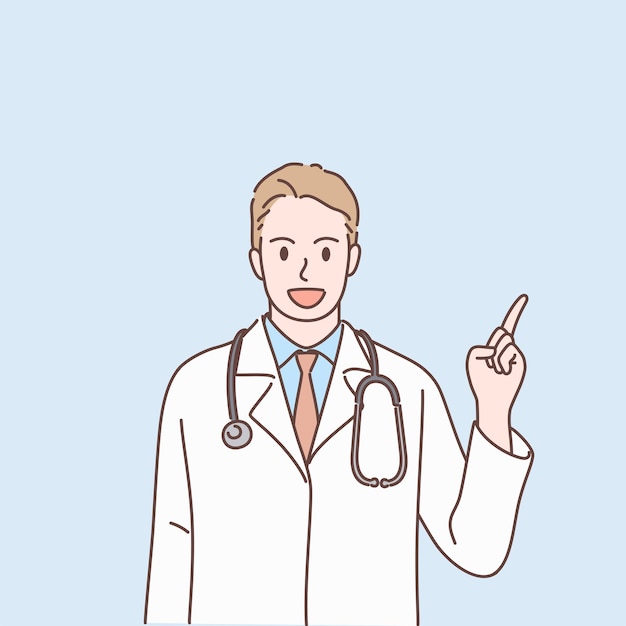 Personaje médico joven profesional que muestra señalando y presentando con la mano para decoración Ilustración de vector de estilo dibujado a mano aislado