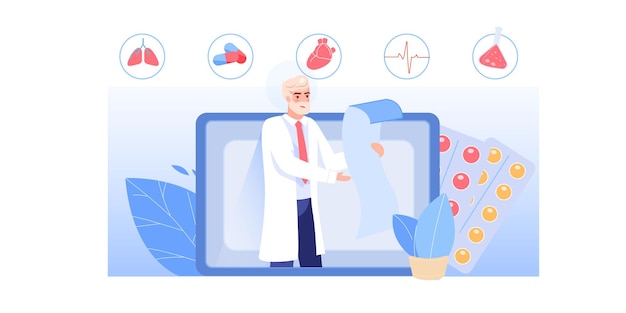 Personaje médico lee prescripción médica desde la aplicación de pantalla de computadora