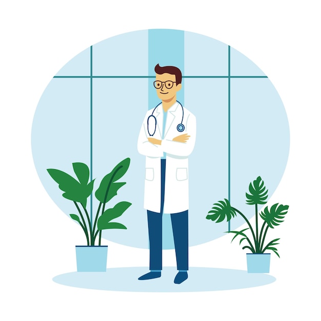 Personaje de médico masculino cruzando las manos mientras sonríe con hojas plantas florales