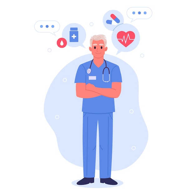 Personaje médico masculino Terapeuta paramédico o enfermera masculino Clínica médica Trabajador profesional Ilustración de vector plano Concepto de atención médica y medicina