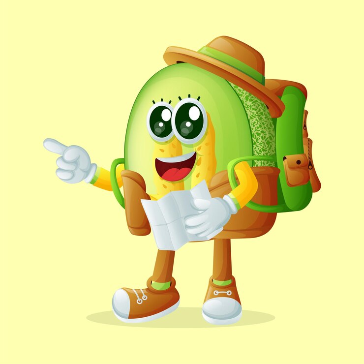 Vector personaje de melón dulce como turista perfecto para productos para niños y promoción de pancartas adhesivas