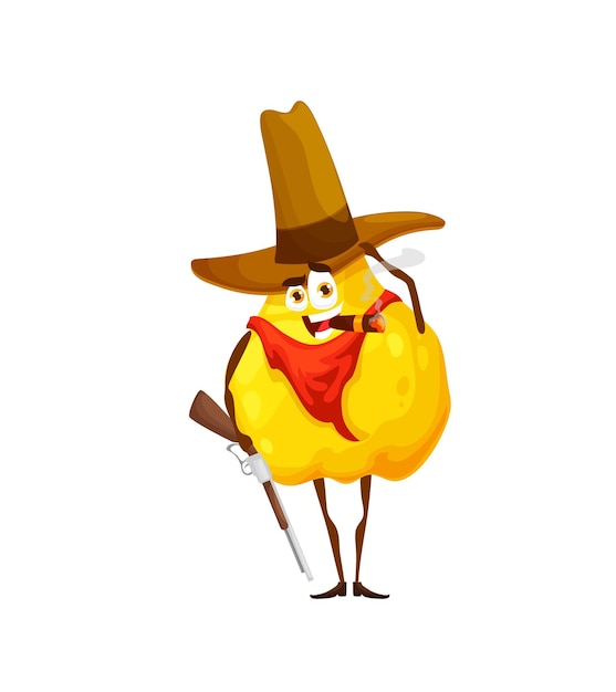 Personaje de membrillo de vaquero o guardabosques Personaje de bandido o ladrón de frutas vectoriales con pistola fumando cigarro Héroe del salvaje oeste con botas de sombrero y bandana Comida saludable occidental mascota de vitamina de jinete