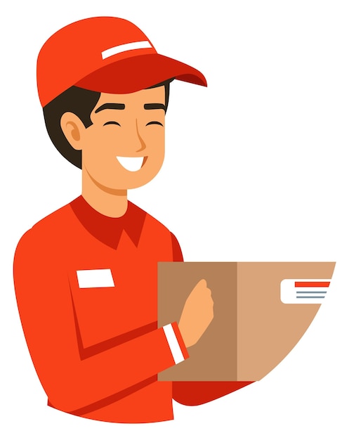 Vector el personaje del mensajero es un tipo feliz con uniforme de servicio de entrega.