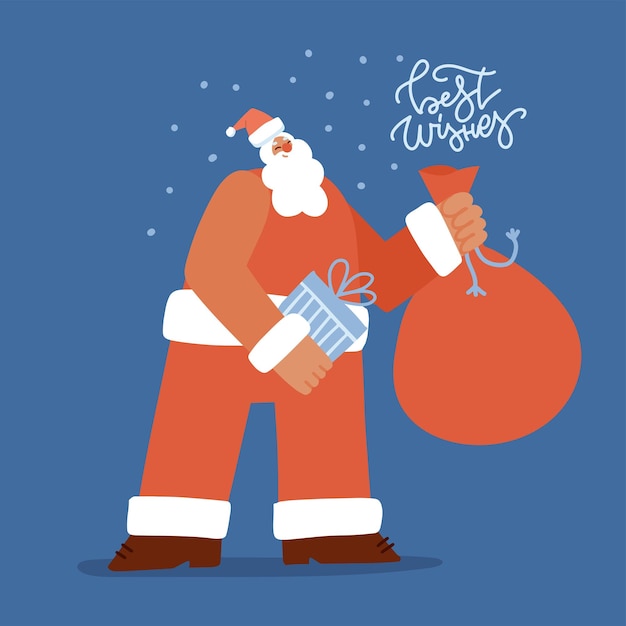 Personaje de moda de santa claus con saco de navidad con caja de regalo ilustración de vector dibujado a mano plana ...