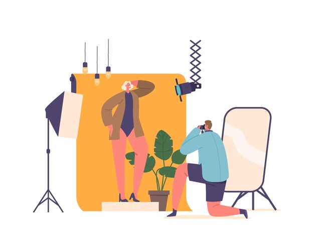 El personaje de modelo femenino elegante y seguro adopta poses cautivadoras en una ilustración vectorial de estudio fotográfico bien iluminada