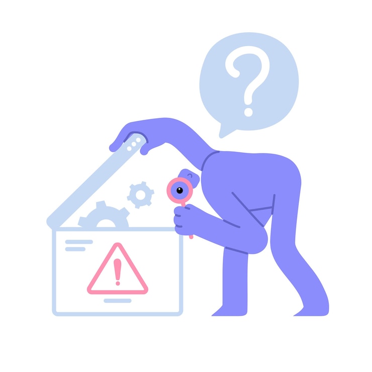 Vector personaje moderno buscando una solución al problema algo salió mal error del sistema