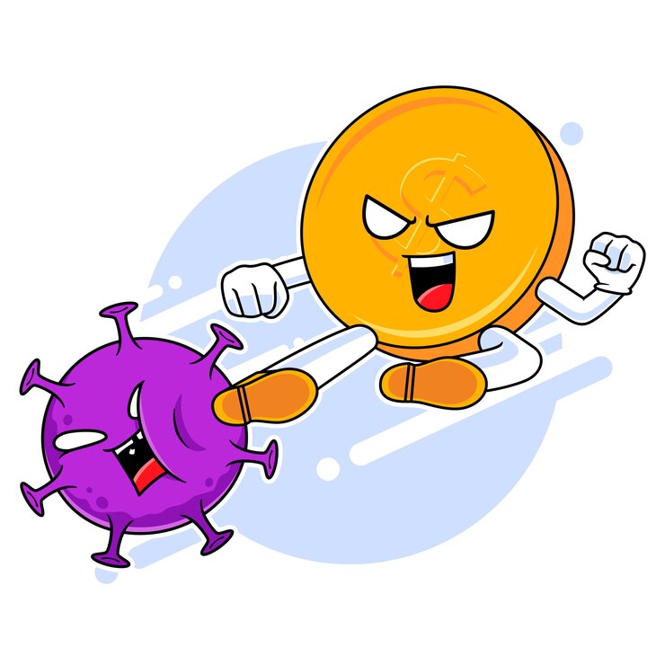 Vector personaje de la moneda de la moneda pateando el virus corona, lucha contra el concepto de virus