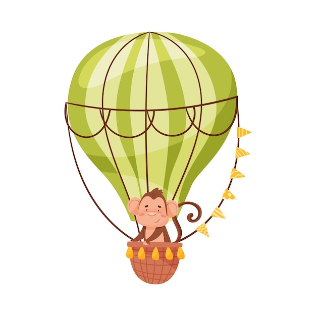 Personaje de mono alegre a bordo de una ilustración vectorial de globo aéreo