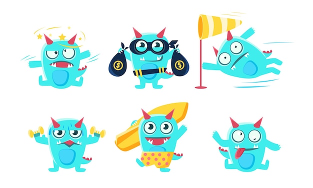 El personaje de monstruo de dibujos animados cómico del diablo azul en diferentes situaciones Ilustración vectorial