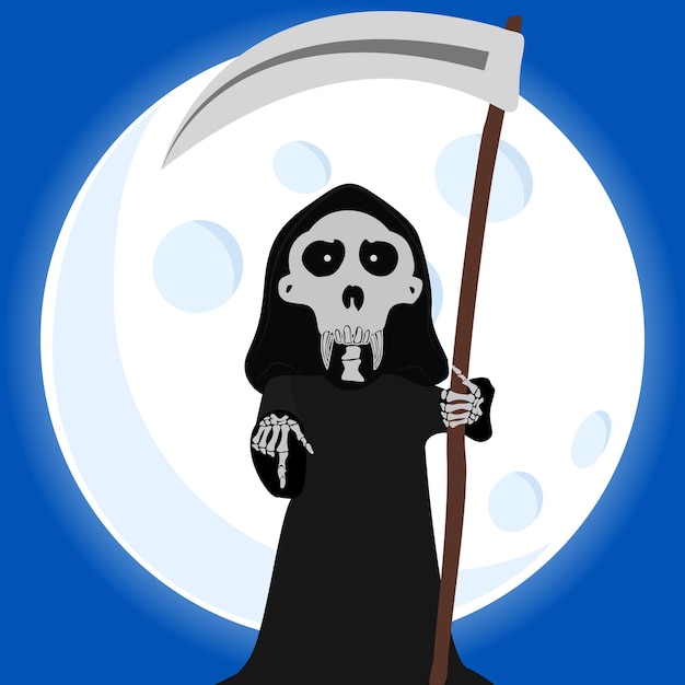 Vector personaje de la muerte ósea. símbolo de halloween calavera y tibias cruzadas contra el fondo de la luna.