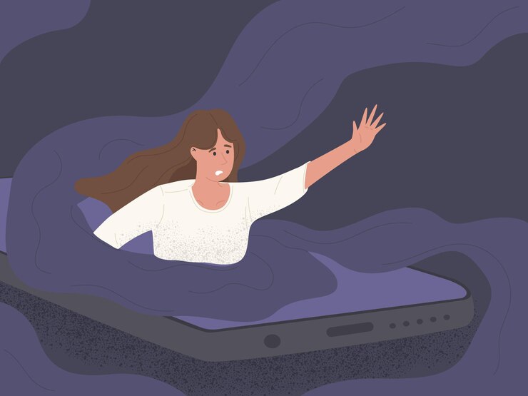 Vector personaje de mujer ahogándose en la ilustración del teléfono de las redes sociales
