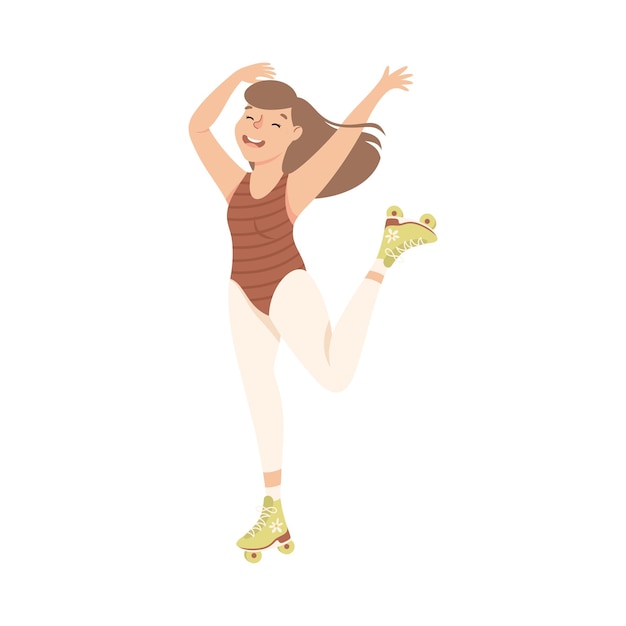 Personaje de mujer alegre bailando en patines de rodillos ilustración vectorial