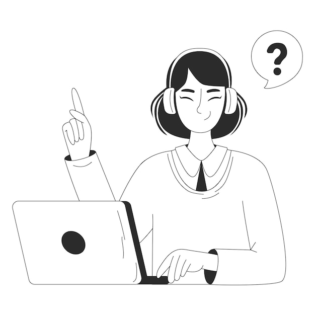 Personaje de mujer con auriculares con computadora portátil Concepto de servicio al cliente Estilo de esquema