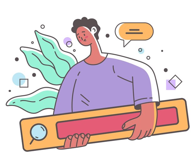 Personaje de mujer buscando información por internet y usando laptop