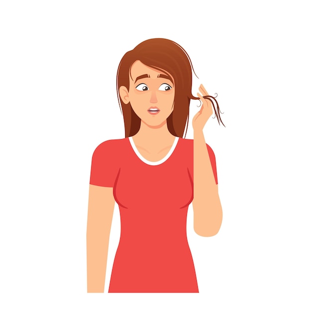 Personaje de mujer con cabello dañado, sequedad y puntas abiertas imagen promocionar productos para el cuidado del cabello o crear conciencia