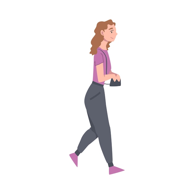 Personaje de mujer caminando dando pasos hacia adelante Ilustración vectorial de vista lateral