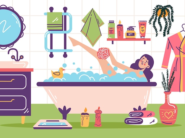 Vector personaje de mujer cuidando el cuerpo en el baño relajándose en la bañera con concepto de espuma