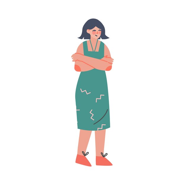 Personaje de mujer desconcertada con los brazos cruzados reflexionando sobre la ilustración del vector de preguntas