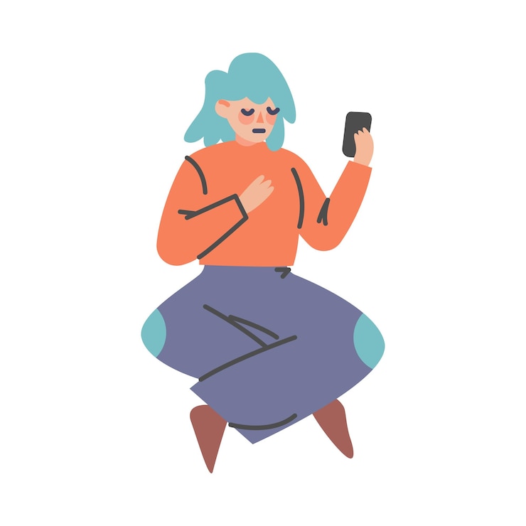 Vector personaje de mujer desconcertada con las piernas cruzadas sentada con un teléfono inteligente haciendo preguntas en la ilustración vectorial de internet