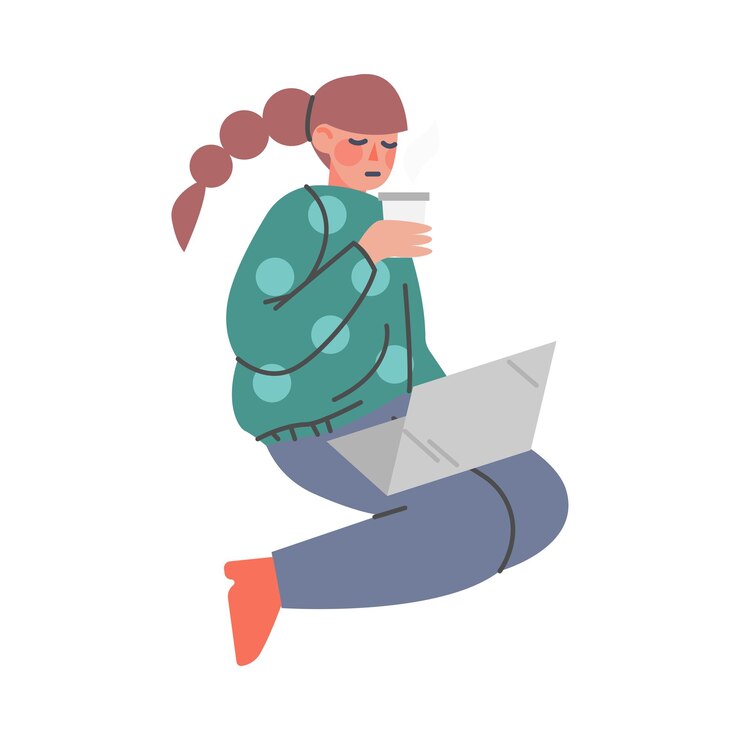 Vector personaje de mujer desconcertada sentada con una computadora portátil y café haciendo preguntas en la ilustración vectorial de internet