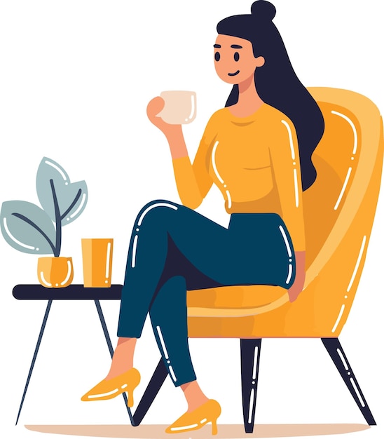 Vector personaje de mujer dibujado a mano sentado y tomando café en estilo plano