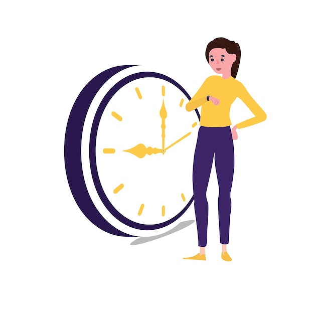 Vector personaje de mujer de dibujos animados de vector de pie delante del reloj