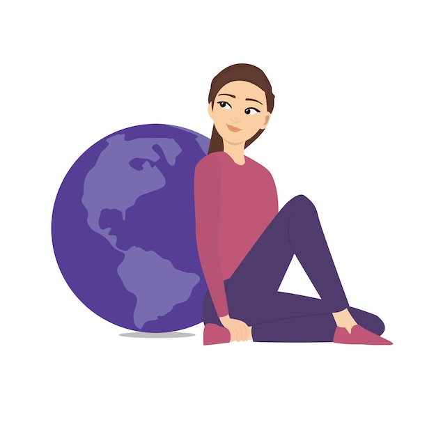 Personaje de mujer de dibujos animados vector sentado junto a la tierra