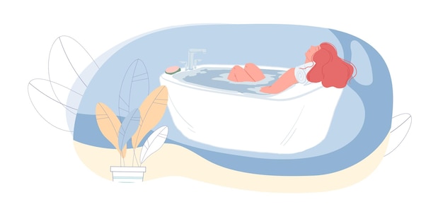 Vector personaje de mujer de dibujos animados vectoriales tomando baño en casa, descansando y relajando un estilo de vida saludable, concepto de tiempo libre, diseño de banner de sitio web