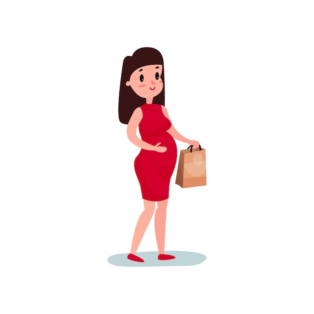 Personaje de mujer embarazada caminando con bolsa de papel del mercado. Hembra alegre esperando bebé. Feliz futura mamá. Hermosa futura madre. Tiempo de embarazo. Maternidad. Ilustración de dibujos animados de vector plano.