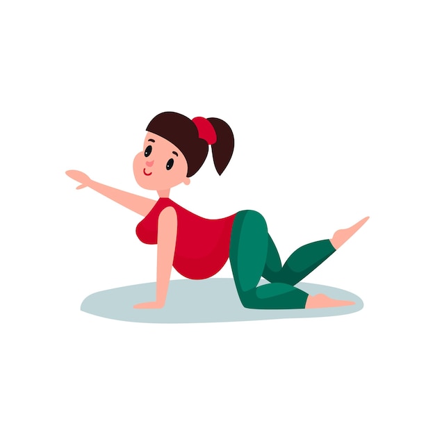 Personaje de mujer embarazada haciendo ejercicio, pose de gato-vaca con pierna levantada y mano arriba. Entrenamiento de yoga para un embarazo saludable, actividad física y cuidado de la salud. Futura madre. Tiempo de embarazo. vector plano