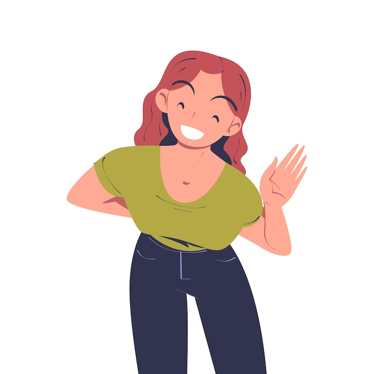 Vector personaje de mujer feliz agitando la mano y sonriendo ilustración vectorial regocijada joven mujer se siente positiva