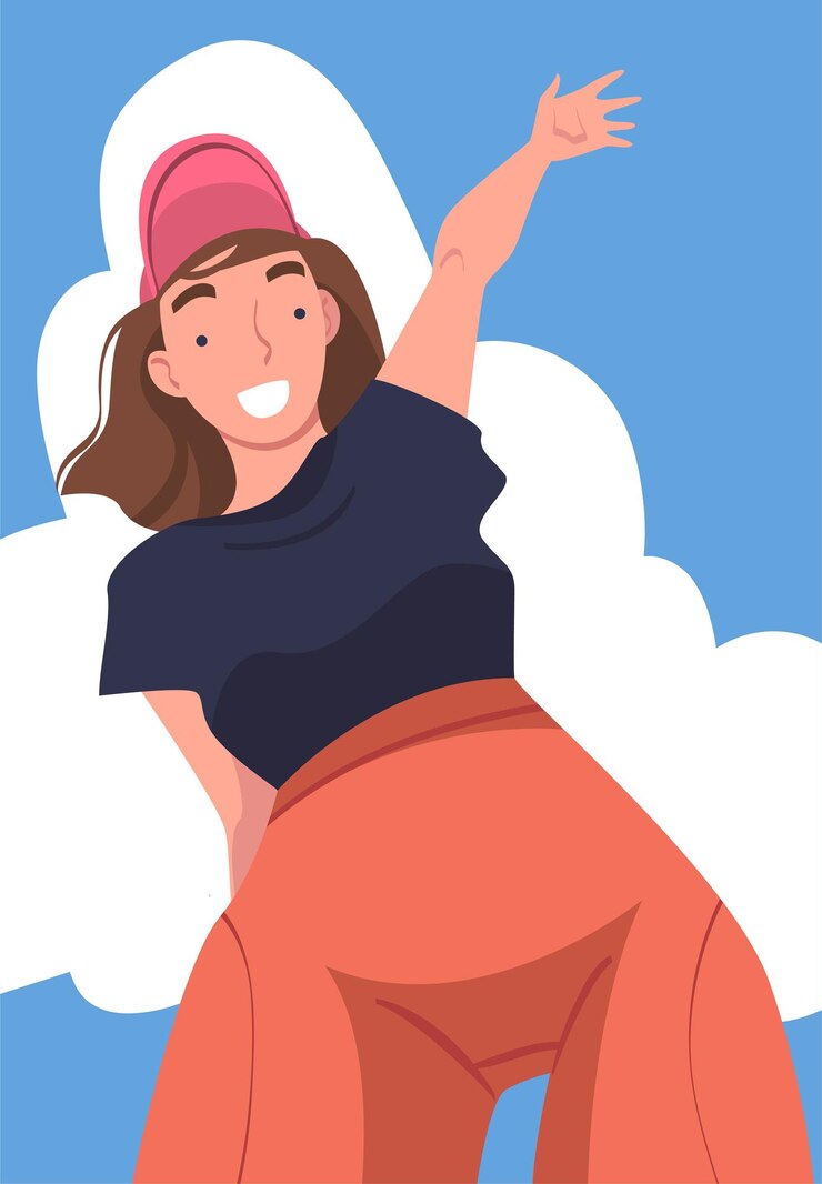 Vector personaje de mujer con gorra de béisbol de pie mirando desde arriba amistoso sonriendo y agitando la mano vector