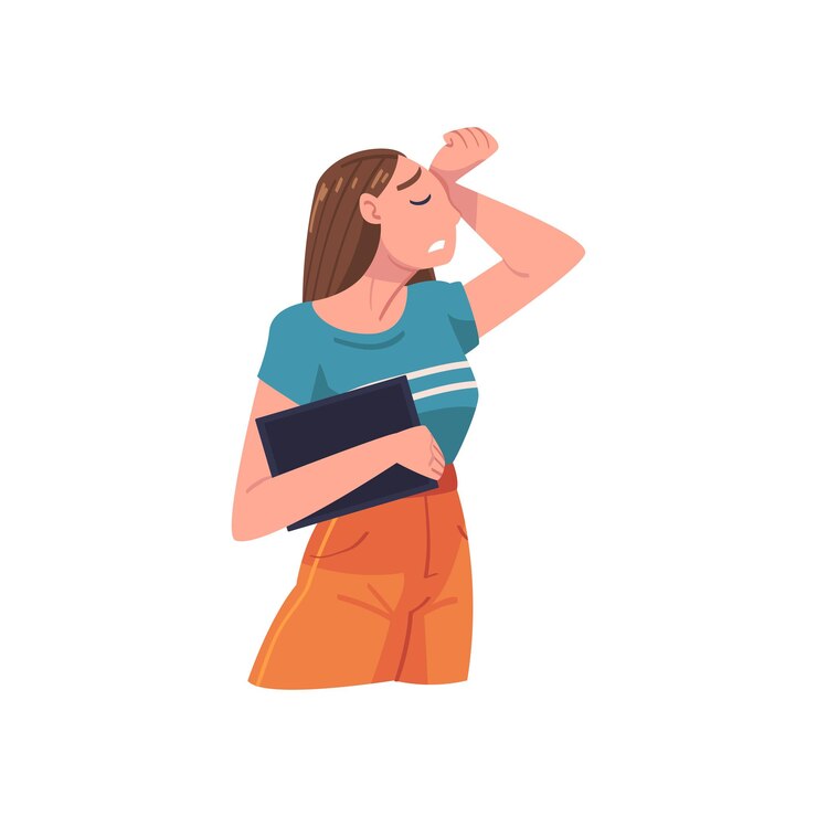 Vector personaje de mujer joven en estrés que se siente cansada y agotada ilustración vectorial