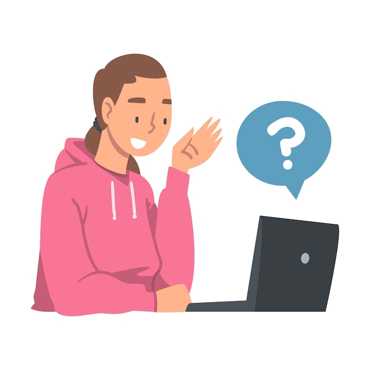 Vector personaje de mujer joven haciendo preguntas usando el sistema de búsqueda de internet en su ilustración vectorial de portátil