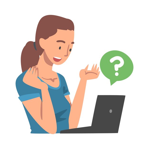 Personaje de mujer joven haciendo preguntas usando el sistema de búsqueda de Internet en su ilustración vectorial de portátil