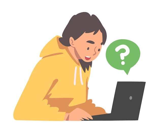 Personaje de mujer joven haciendo preguntas usando el sistema de búsqueda de Internet en su ilustración vectorial de portátil