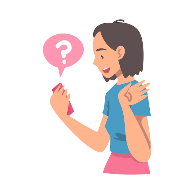 Personaje de mujer joven haciendo preguntas usando el sistema de búsqueda de Internet en su ilustración vectorial de teléfono inteligente