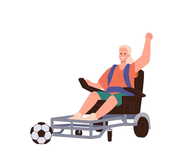 Vector personaje de mujer joven en silla de ruedas jugando fútbol deporte inclusivo para personas con necesidades especiales