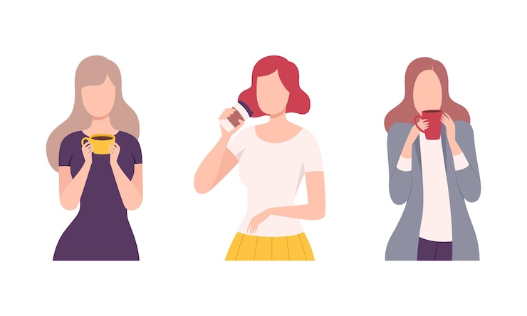 Vector personaje de mujer joven sosteniendo taza con bebida de café caliente conjunto vectorial