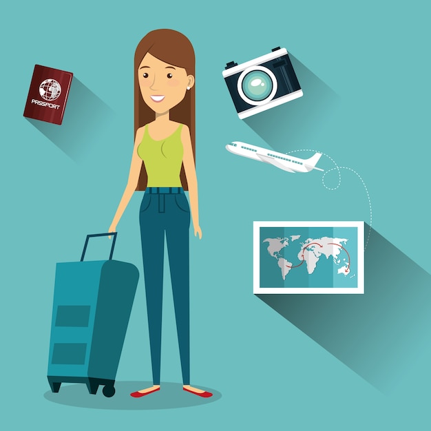 Vector personaje de mujer con maleta de viaje