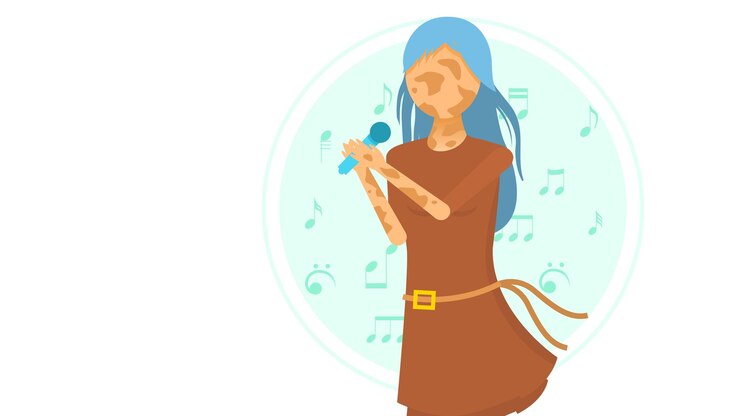 Vector personaje de mujer con manchas cantando en el micrófono karaoke vitíligo enfermedad de despigmentación